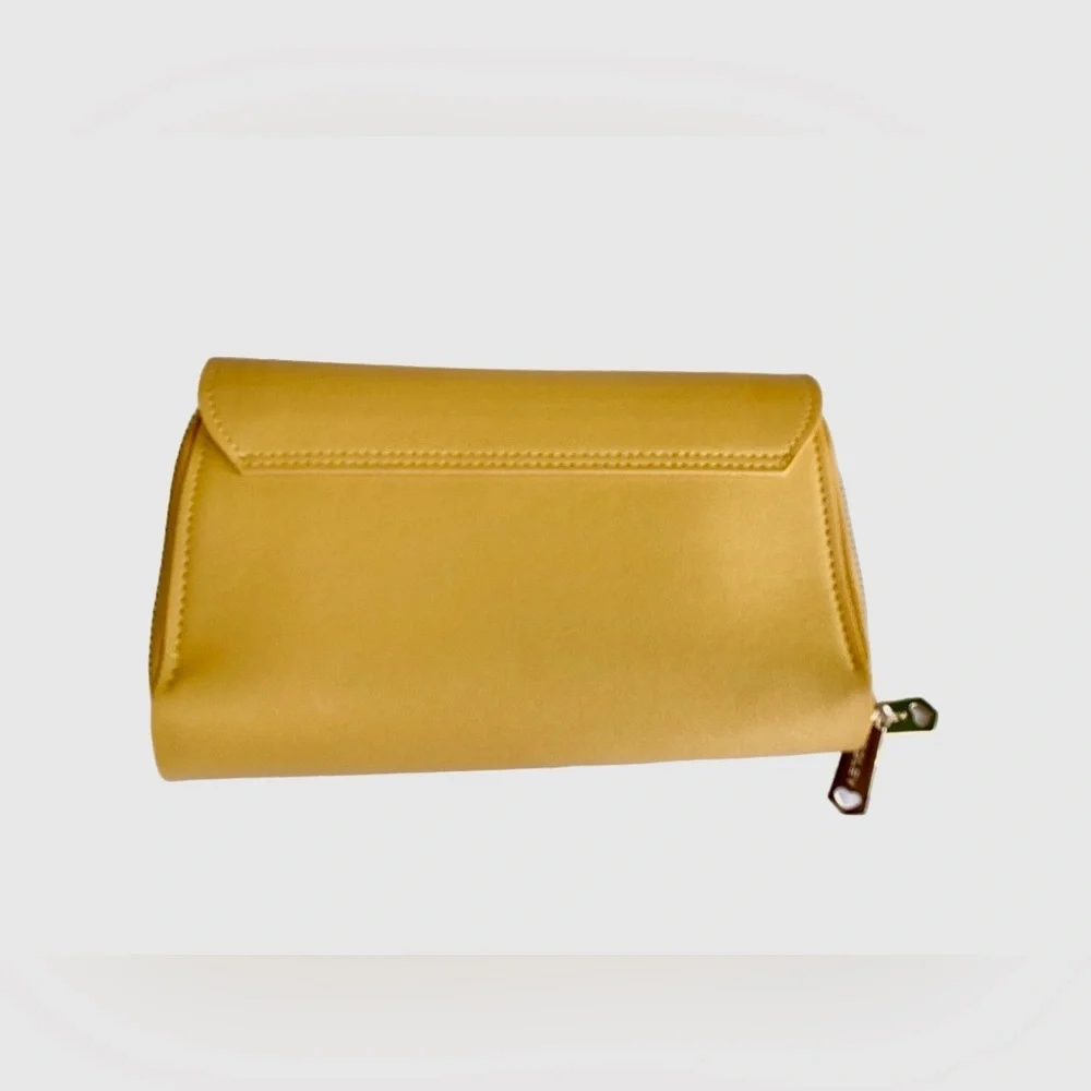 New! Nice Yellow Crossbody Wallet Clutch  Gold Metal Three Zippered Comp…